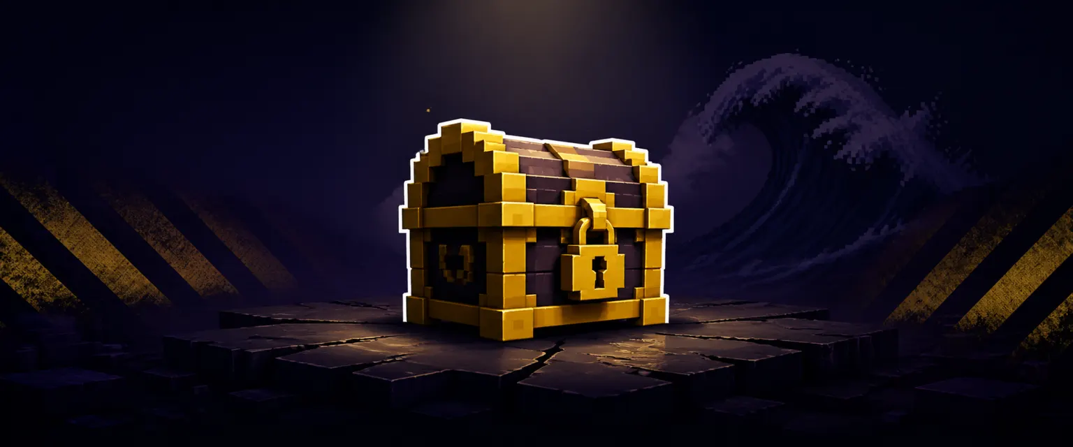 Decorative banner of a padlocked golden voxel chest on a dark stone platform with warning stripes and a faint wave silhouette