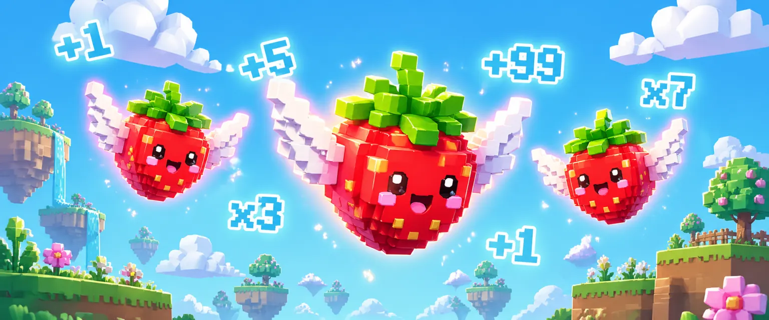 Decorative banner of three winged voxel strawberry mascots floating in a candy-colored sky surrounded by floating multiplier numbers