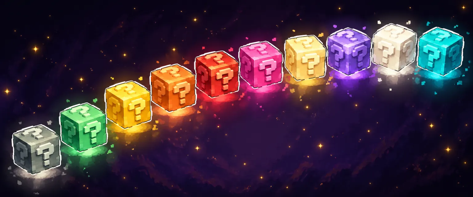 Decorative banner of ten glossy voxel cubes in tier rarity colors arranged in an arc against a dark starfield